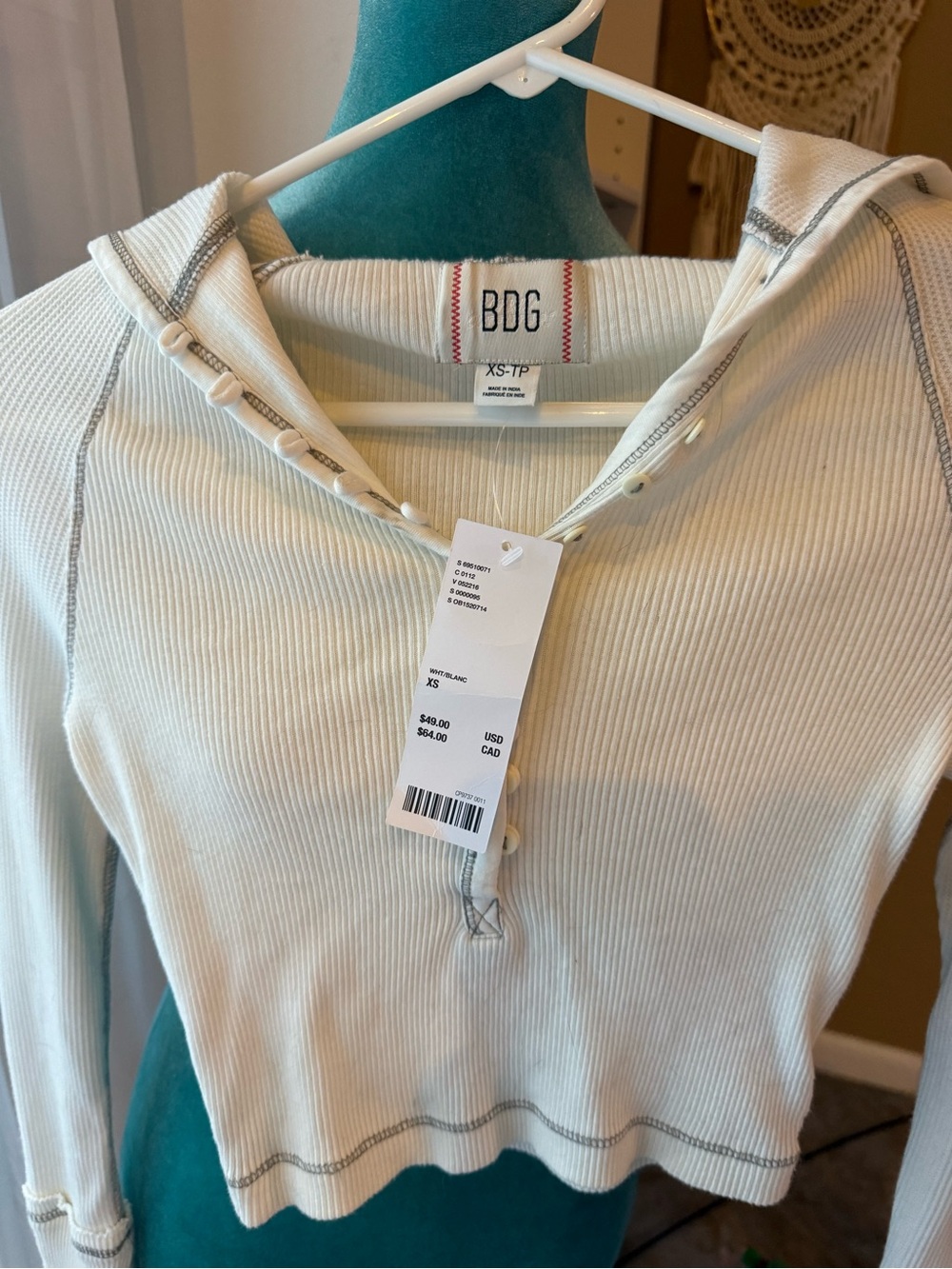 BDG Ribbed Hooded Henley Top in Ivory with Contrast Stitching and Hood